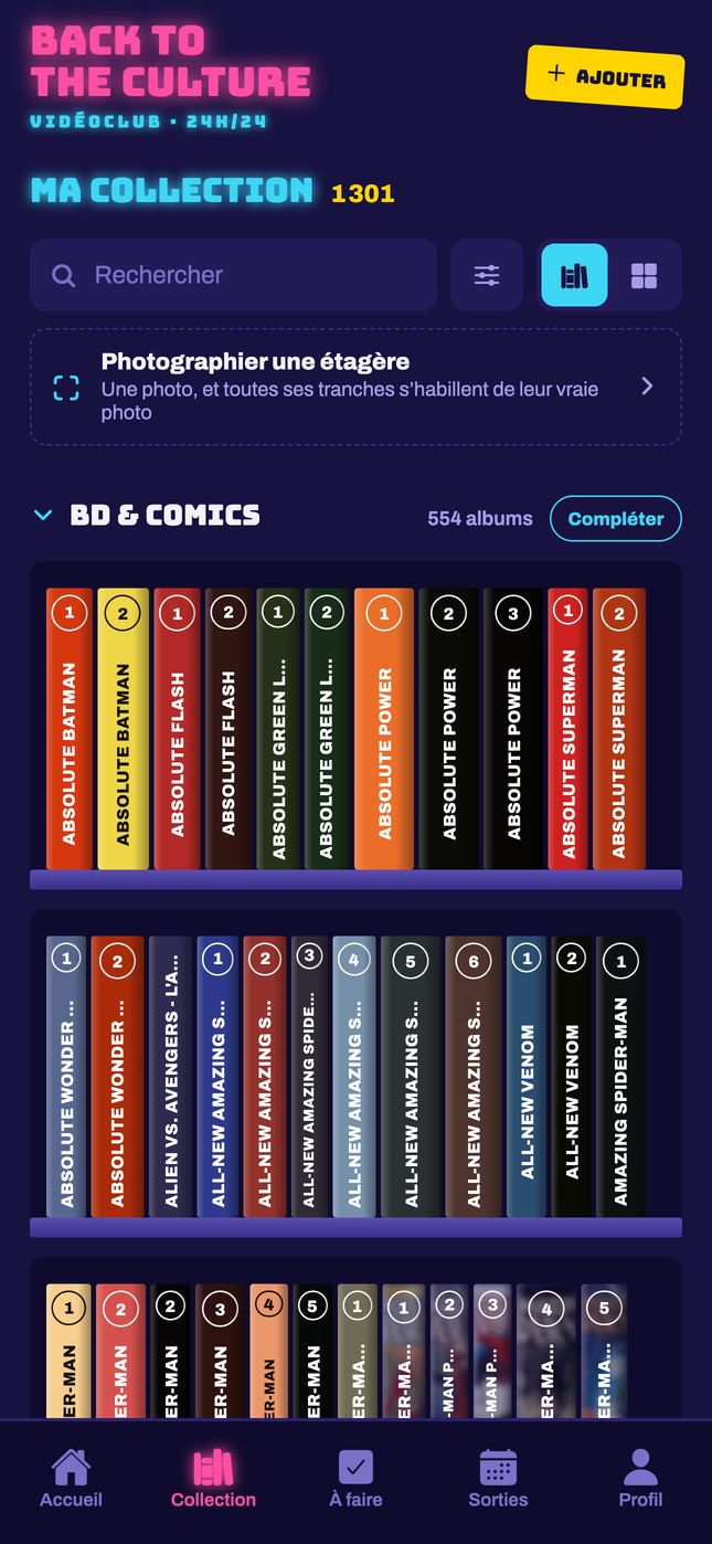 L'étagère de l'app avec les tranches des BD